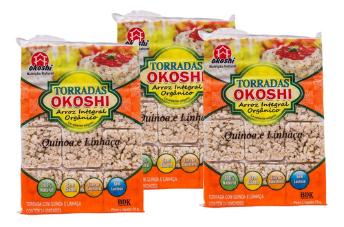 Kit 3 Okoshi Torrada De Arroz Orgânica Quinoa E Linhaça 75g