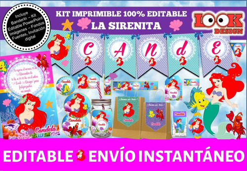 Kit Imprimible Candy Bar La Sirenita Mermaid 100% Editable