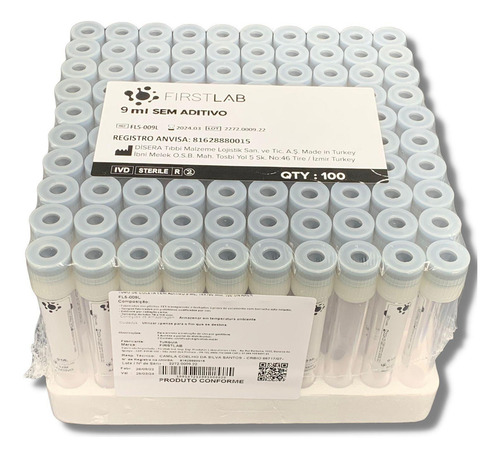 Tubo Branco Coleta Vacuo Sem Aditivo 9ml Prp Prf Rack 100