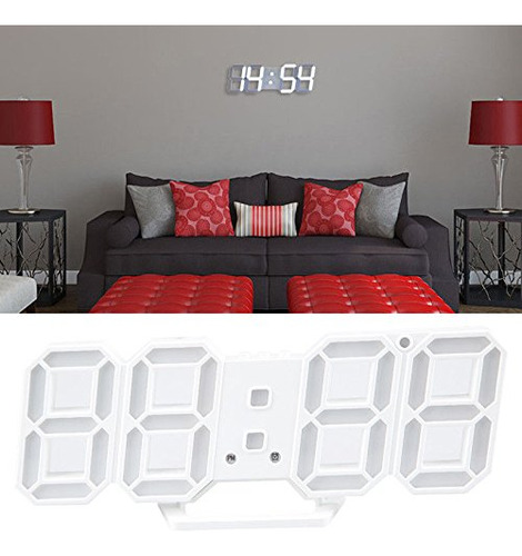 Fidgetgear - Reloj De Pared Digital 3d Con Led Blanco Y Función De Repetición, De 12/24 Horas (usb)