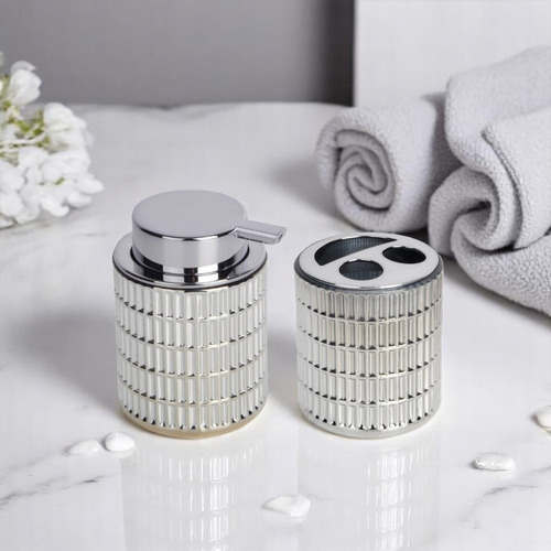 Set Accesorios Baño Dispenser Vidrio Porta Cepillo Plata