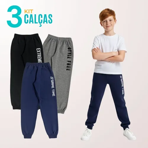 Kit 3 Calças Infantil Meninos Moletom Estampada Lote Roupa
