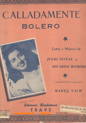 Partitura Orig. Del Bolero Calladamente Éxito De Mabel Nash