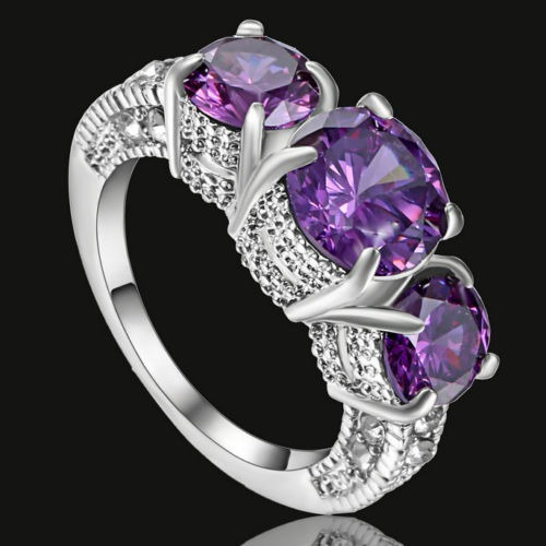 Anillo Compromiso Piedras Purpura Acero Enchapado Plata