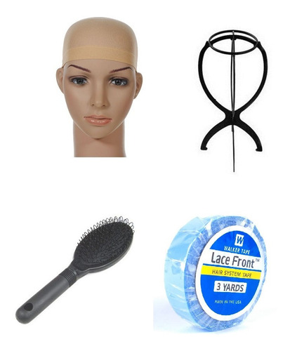 Kit Suporte + Wig Cap + Escova + Fita Azul Lace Front Peruca