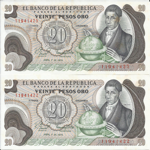 Colombia Dúo Consecutivo, 20 Pesos Oro 1 Abril 1979