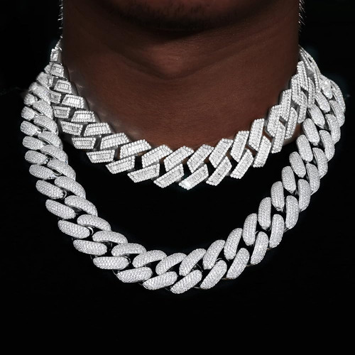 Cadena Cubana Helada 20mm 18k Oro Blanco Circonitas Baguette
