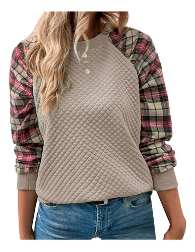 Top De Manga Larga Con Cuello Redondo Y Patchwork A Cuadros