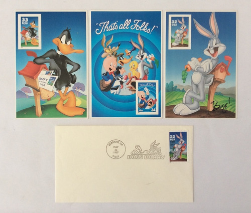 3 Estampillas Coleccion Bugs Bunny Y 1 Sobre Cancelado