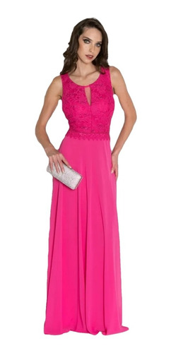 Vestido Longo Rendas Paetês Pérolas Tiffany Pink Royal