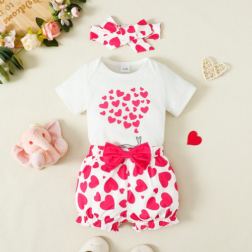 3pcs Conjunto Para Bebé Con Estampado De Elefante Y Corazón Blanco 18-24 M