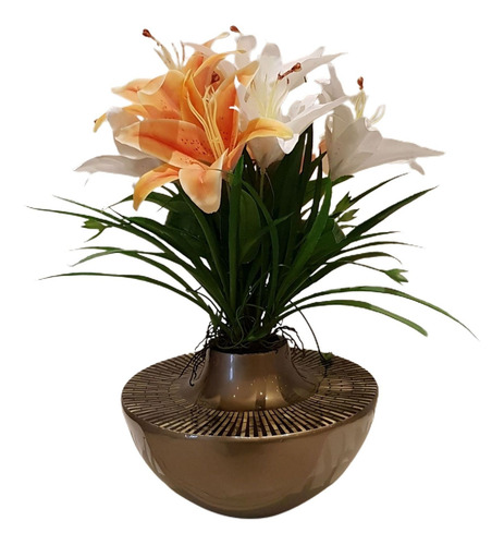 Imagem 1 de 5 de Arranjo De Flores Artificiais Com Lírios No Vaso De Fibra