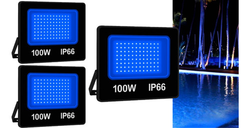Kit 3 Refletor Holofote 100w Azul Bivolt Decoração Piscina