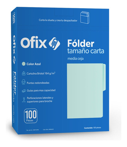 Folder Tamaño Carta Azul Ofix 100 Piezas Cartulina