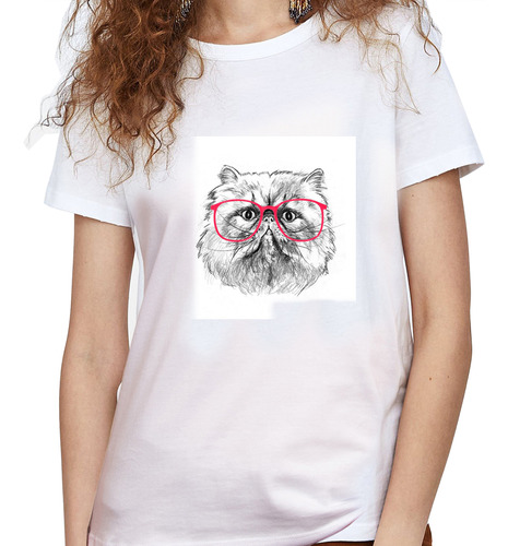 Camiseta Dama Estampada gato Gafas Ilustracion