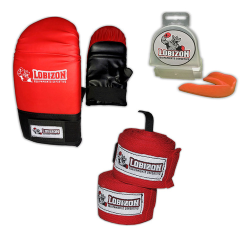 Kit Guantines + Bucal Simple + Vendas 3,5 Mts Par Sparring 