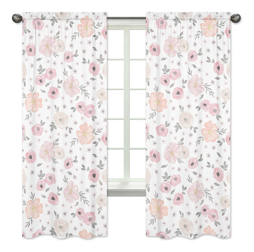 Cortinas 2x Rosa, Gris Y Blanco, Diseno Floral