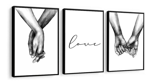 Quadro Decorativo Frase Love Mãos Dadas Preto E Branco 32x42