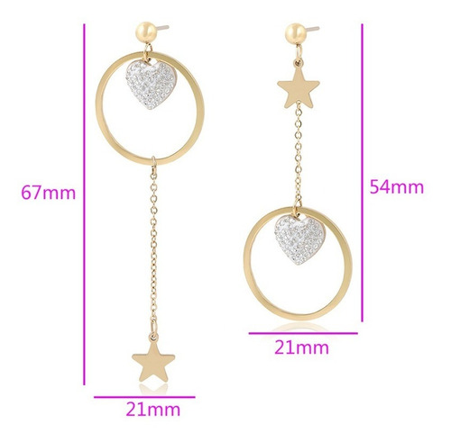 Imagen 2 de 8 de Aretes Estrella Corazon Swarovski Largos Dispar Oro 14k Lam