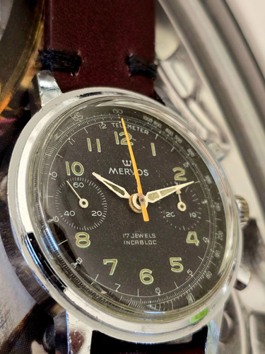 Reloj Pulsera Antiguo Cronógrafo Manual Militar Mervos Marrón Gris Negro (Usado)