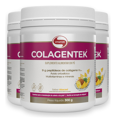 Kit 3 Colagentek Vitafor 300g Colágeno Hidrolisado Abacaxi