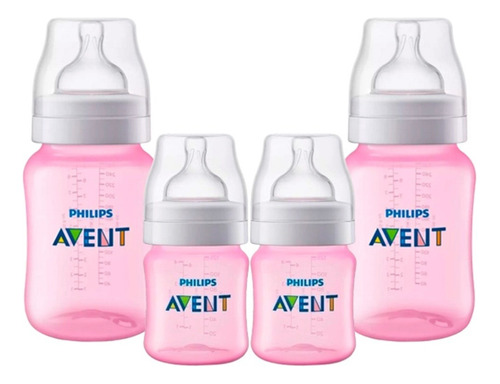 Kit 04 Pcs Mamadeira Classica Avent 125/125/260/260ml Rosa