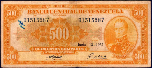 Billete De 500 Bolívares B7 Junio 13 1957 Bolívar Canario