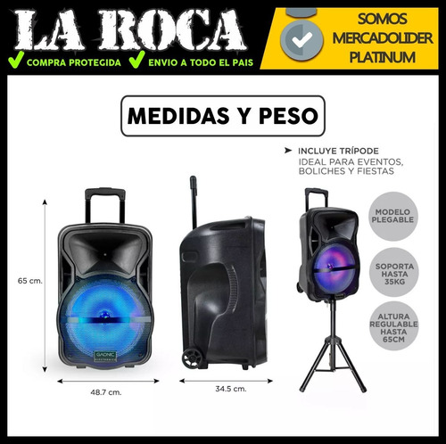 Bafle Potenciado 15 4000w Bluetooth Usb Sd Bateria Luces Led
