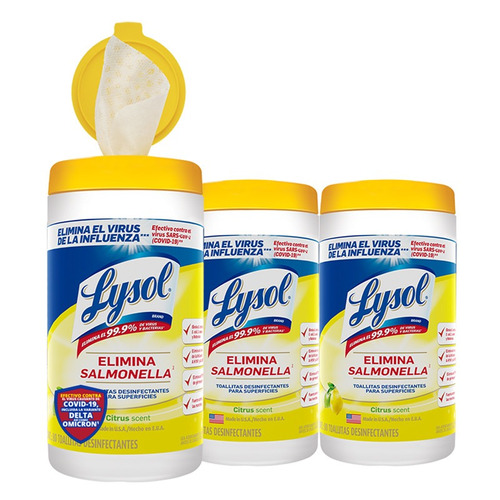 Pack 3 Lysol Toallitas Desifectantes Para Superficies Citrus