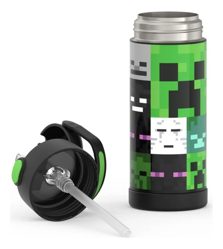 Botella Termo Minecraft De Acero Inoxidable Con Popote *sk Color Verde/negro
