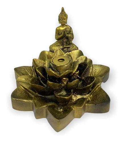 Incensário Cascata Flor De Lotus Buda Mini Dourado 7cm