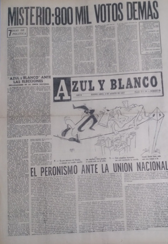 Diario Azul Y Blanco 6/8/1957 Misterio:800 Mil Votos Demas