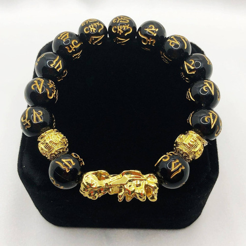 Pulsera Original Feng Shui Piedras Obsidiana Pixiu Oro