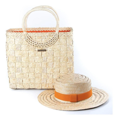 Kit Bolsa Feminina Miami Palha + Chapéu Feminino Casual Cor Laranja