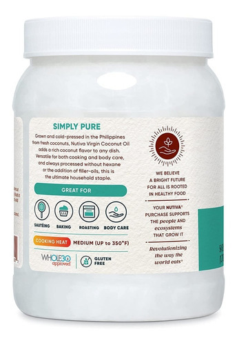 Aceite De Coco Orgánico Sin Refinar 100% Puro 1.6 Lts Nutiva