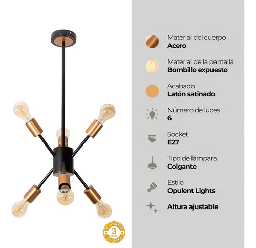 Lámpara Colgante Negro Y Bronce 6 Luces E27 40w Color Negro Mate y Cobre