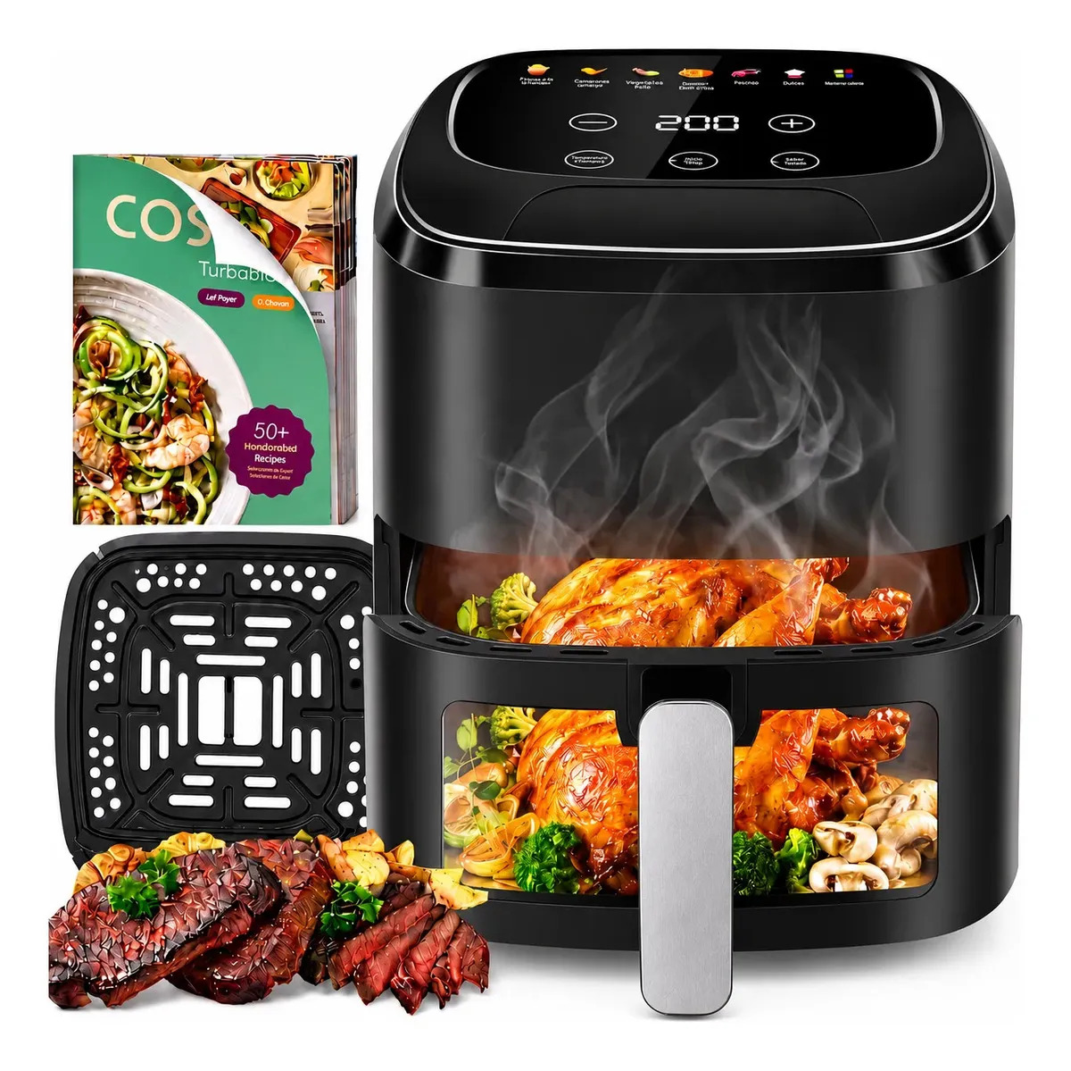 7.5l Freidora Aire Digital 2000w 7 Programas Multifuncional Táctil Air Fryer Coriumae Con Horno Interna Ventana Luz Antiadherente Automáticos Recubrimiento 360° Controles Tiempoy 8