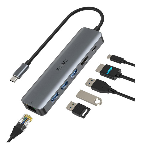 Jeswo Adaptador Multiport Usb C Con Rj45 4k Y Pd