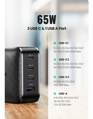Imagen 6 de 10 de Cargador Macbook iPad Pro iPhone 12 Tipo C* 3 Usb 65w Ugreen