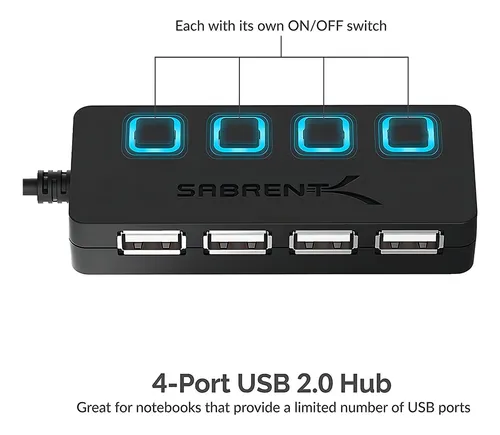 Concentrador Sabrent Usb 2.0 De 4 Puertos Con Interruptores