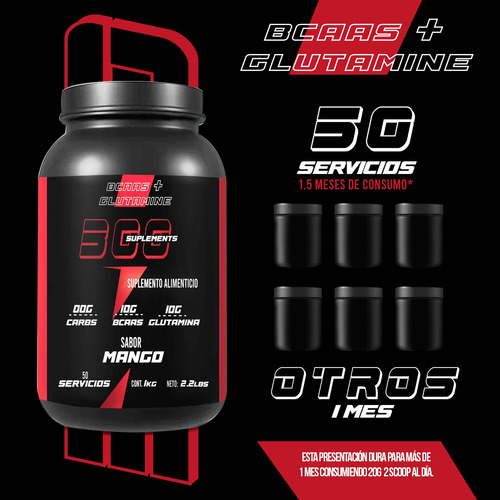 Aminoácidos Bcaas+glutamina 300suplements 1kg Varios Sabores Mango
