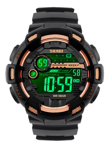 Reloj pulsera Skmei 1243 de cuerpo color negro, digital, para hombre, fondo negro, con correa de poliuretano color negro, dial gris, minutero/segundero gris, bisel color negro, luz celeste y hebilla simple