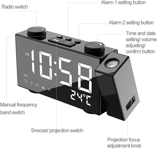 Reloj despertador LED inteligente, reloj de radio digital, AM/FM de doble  frecuencia de carga de radio del teléfono USB, ajuste de brillo, función de