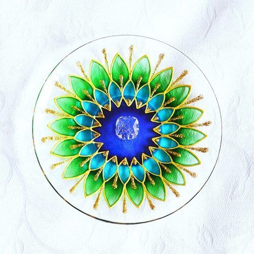 Incensário Em Vidro Redondo Mandala Margarida Verde Azul