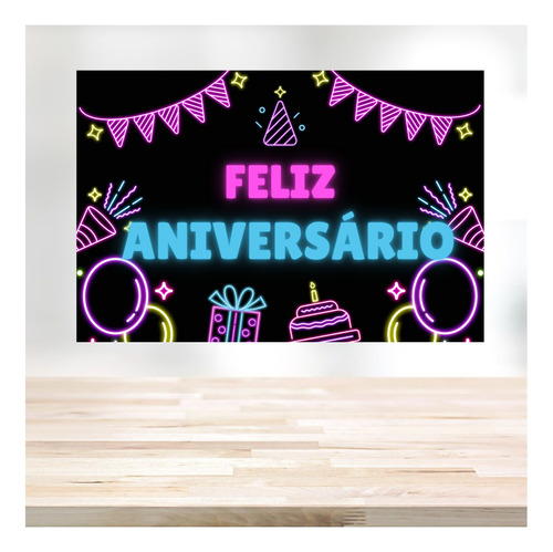 Painel De Festa Feliz Aniversário Em Lona Resistente Ilhós Cor Feliz Aniversario Neon