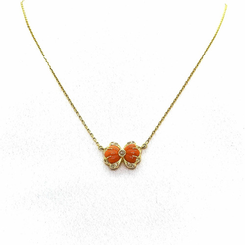 Cadena Y Dije Moño Oro 18k Coral Y Brillantes 39 Cm