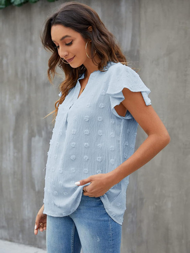 Blusa Para Mujer, Cuello En V, Mangas Con Volantes, Camisas