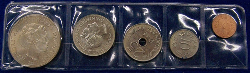 Imagen 2 de 2 de Dinamarca 5, 10, 25 Ore Y 1, 5 Kronor 1973 * Mint *