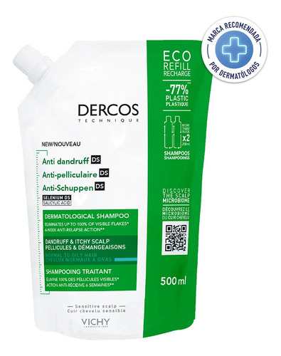 Dercos Shampoo Anticaspa Caspa Grasa 500 Ml - Formato Refill