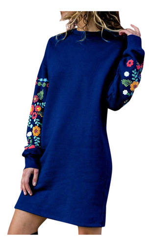 Vestido Tipo Sudadera Con Bordado Floral Para Mujer Con Mang